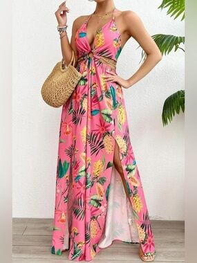 Pink Tropical Halter Maxi Dress with Cutout chain detail